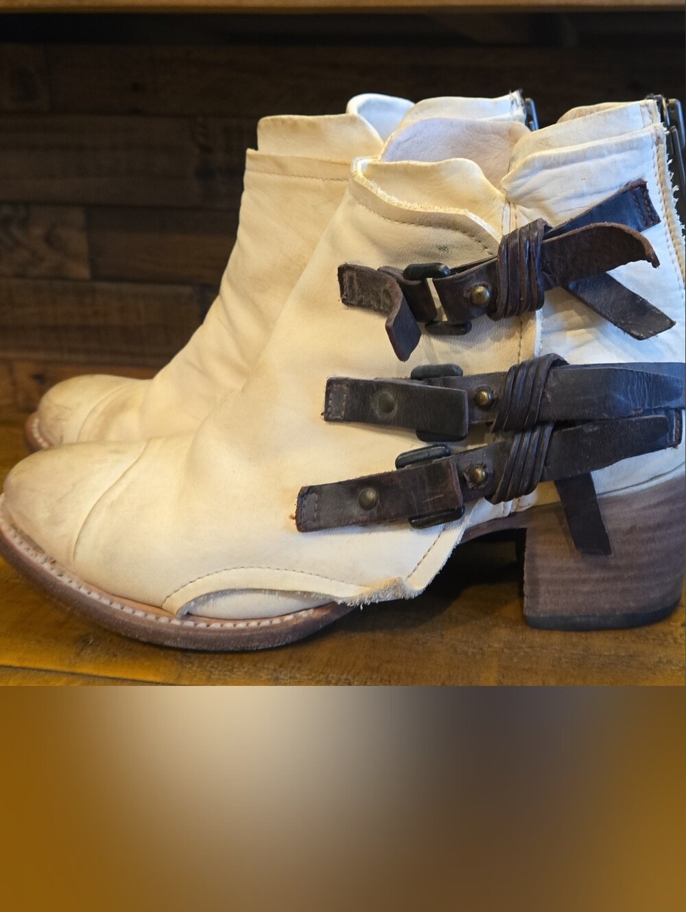 Freebird by Steven Cream Leather Ankle Boots with Dark Brown Straps